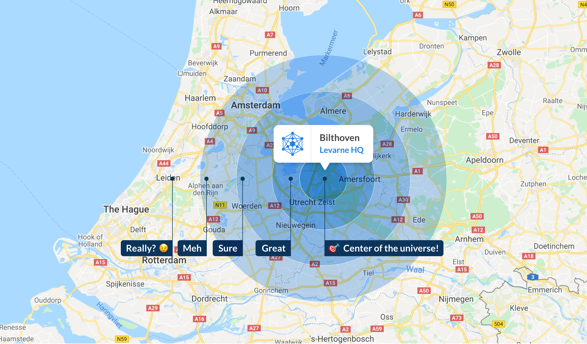 Map of the Netherlands with in the middle the headquarters of Levarne located in Bilthoven.
